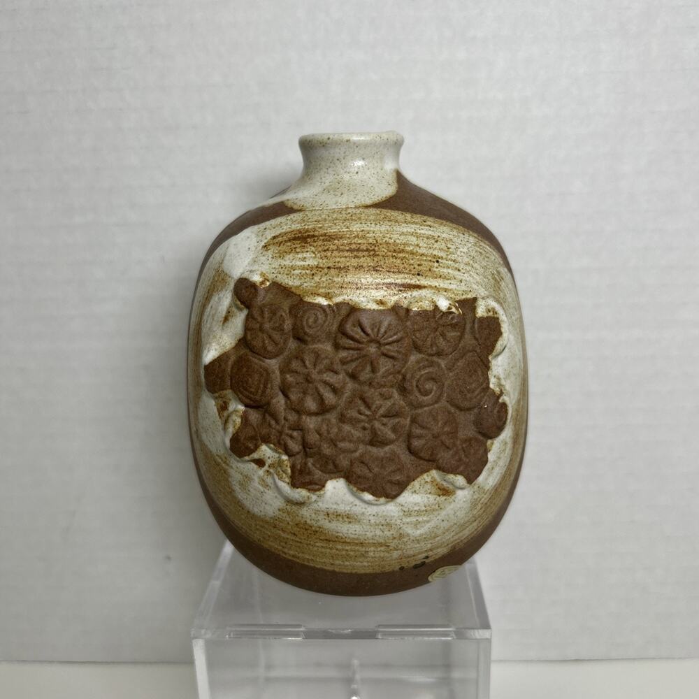 Takahashi Ceramic Floral 5" Bud Vase Incense Brown Ivory Drip Glaze Japan 1980's